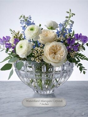 Waterford Crystal Clear Bowl with White, Purple, and Blue Floral Accent